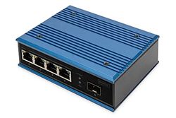 DIGITUS PoE Network switch - 5-port Fast Ethernet - 4x RJ45 + 1x SFP port - Unmanaged - 10/100 Mbit/s - DIN rail & wall mounting - IP40 - Industrial series - Blue