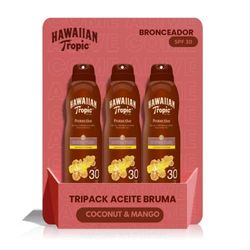 Hawaiian Tropic Protective Dry Oil Continous Spray SPF 30 - Torr olja solbränna i Bruma Spray med högt skydd, Kokosdoft och handtag, Pack 3 enheter x 180 ml