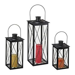 Relaxdays Set 3 Portavelas, Farol Decorativo para Interior y Exterior, 3 Tamaños, Metal y Cristal, Farolillo Vela, Negro, 60% Hierro 40%