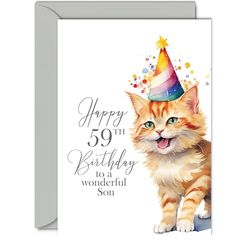 59th Birthday Cards for Son - Party Cat Kitten - Happy Birthday Card for 59 Year Old Son from Mum Dad, A5 Bday Man Men Him Greeting Cards Gift for Son Birthday Gifts