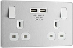 BG Electrical Evolve PCDBS22U3W - Acero Cepillo Evolve (Blanco) Doble Interruptor DE 13A + 2 USB (3.1A)