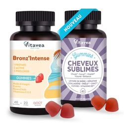 Vitavea - Gummies Solaire Bronz'Intense + Gummies cheveux sublimes - Gummies Pousse cheveux et Bronzage - Double action : Chute de cheveux, volume et brillance et Prépare, Active, Prolonge le bronzage