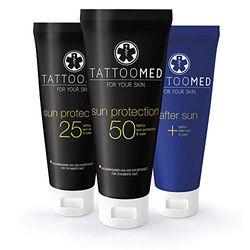 TattooMed All In Bundle SUN - Set con protezione solare/colore per tatuaggio, Crema cura tatuaggio & After Sun - confezione da 3