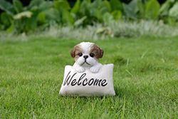 HiLine Gift Ltd. Shi Tzu puppy met welkomstbord buiten standbeeld - bruin wit