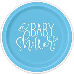 Unique- Assiettes en Carton Écologiques-18 cm-Blue Hearts Baby Shower-8 Pièces (Lot de 1), 73384EU, Multicolour