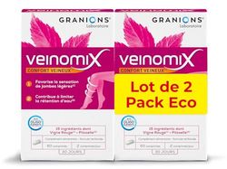 GRANIONS| Veinomix Lot de 2 | Favorise la sensation de jambes légères et limite la rétention d'eau | Vigne Rouge + Piloselle + Vitamines & Oligoéléments | Marque Française | 120 comprimés