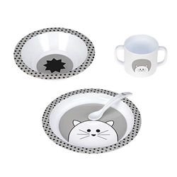 LÄSSIG Ensemble de vaisselle pour enfants (assiette, tasse, petit bol, cuillère) sans mélamine, sans BPA, pour lave-vaisselle et micro-ondes/Ensemble de vaisselle PP Little Chums Cat