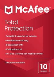 McAfee Total Protection 2022 | 10 enheter | Säkerhetspaket med antivirus | VPN, Lösenordshanterarer | 1 års prenumeration | Via post