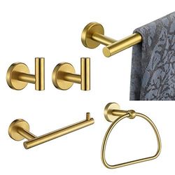 JQK BAS165-BG Ensemble de matériel de Salle de Bain doré brossé 5 pièces Support Mural avec Barre Porte-Serviette de 61 cm, Anneau Porte-Serviette de 17,8 cm, Support de Papier Toilette, 2 Crochets