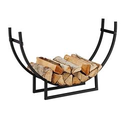 Relaxdays 10028771 Cheminée, Range bûches rond, Bois, acier, étagère demi-lune, HxlxP: 55x92x21 cm, noir, 1