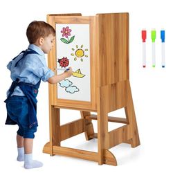 FANTASK Montessori Tour d'apprentissage 3 en 1 en bois pour enfants avec tableau et hauteurs, marchepied réglable en hauteur avec 3 stylos, pour enfants à partir de 1 an (naturel)