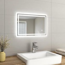 EMKE Bathroom Mirror with LED Lights 400 * 600MM, LED Bathroom Mirror with Demister Pad, Smart Mirror with Touch Switch, Illuminated Vanity Mirror with auto-off Function, Wall Mounted Mirror, IP44