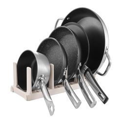 Avilia Porta Padelle Allungabile - Organizer Regolabile, Rastrelliera per 5 Padelle con Piedini Antiscivolo, Organizzazione in Plastica Resistente, 37x15x18cm, Bianco