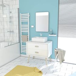 AURLANE Meuble Salle DE Bain SCANDINAVE Blanc 80 CM sur Pieds avec TIROIR, Vasque A Poser ET Miroir LED