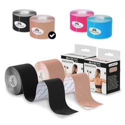 Mobiclinic®, Pack 2 rouleaux bande kinesiologie, Neuro-musculaire adhésive, De 5m x 5cm, Sport tape, Soulagement des douleurs musculaires, Kinesiotape, Face, Noir et beige