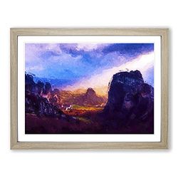 Sunset Over The Mountains In Greece Modern Art Framed Wall Art Print, Ready to Hang Picture for Living Room Bedroom Home Office Décor, Oak A4 (34 x 25 cm)
