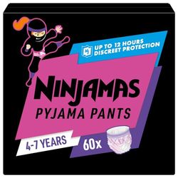 Pampers Ninjamas majtki nocne/pieluchy dla dziewczynek (17-30 kg), 60 majtek piżamowych, 4-7 lat, miesięczne pudełko, chłonne majtki, ochrona przed wyciekiem na całą noc