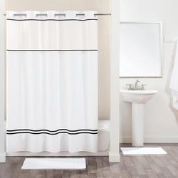 Hookless Fabric 3-in-1 Shower Curtain Set with PEVA It’s A Snap! Snap-In Liner and Window, 71x74 In., White/Black
