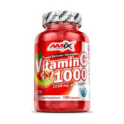 Amix A vitamina C 100 Caps, 1000 ml por cápsula, enriquecida com rosa mosqueta, ajuda a reforçar e manter o sistema imunitário.