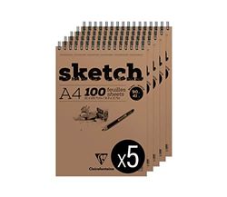 Clairefontaine 96604Cpack - Bloc Spiralé en-tête Papier Sketch - 100 Feuilles Papier Dessin Blanc au Grain Très Léger - Feuilles Détachables - A4 21x29,7 cm 90g - Paquet de 5 Blocs