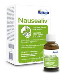 Nausealiv, complemento alimenticio natural a base de jengibre, melisa y L- Alanina que ayuda al alivio de las náuseas, mareos y el vómito, 30ml
