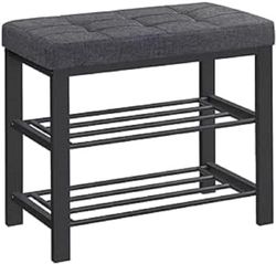 SONGMICS LBS576B01 Bank, 3-laags schoenenrek voor entree, opbergorganizer met schuimbekleding, linnen, metalen frame, voor woonkamer, hal, 31 x 60 x 49 cm, donkergrijs en zwart