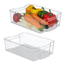Relaxdays koelkast organizer, opbergbak vleeswaren, HxBxD: 9 x 31,5 x 21,5 cm, koelkastbakje met handgrepen, transparant