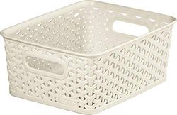 Curver Cesto de armazenamento retangular My Style com efeito de vime para cozinha, sala de estar, casa de banho, quarto, tamanho médio, retangular, 13 litros, cor branca creme vintage