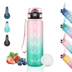 Drinkfles, 500 ml, motiverende waterfles, lekvrij, waterfles voor school, met tijdschaal, gemakkelijk te reinigen, voor school, reizen, camping, roze-groen