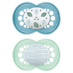 MAM Originele fopspeen, 16+ maanden, set van 2, MAM 16, 36 maanden, siliconen met kaakvriendelijke speen, 2-delige set met praktische sterilisator-fopspeenhouder, lichtblauw/groen