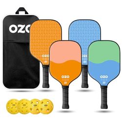 OZO Pickleball - Set di 4 Racchette, 4 Palline e Borsa - 2xSpark Energia Ritmo (Ibrida) 2xSpark Inceptra Gelato (Controllo) per Principianti + 4 Palline (per Esterno ed Interno) Approvate USAPA