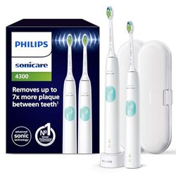 Philips Sonicare ProtectiveClean 4300 – Brosses à dents électriques avec deux niveaux d'intensité, Capteur de pression et Minuterie, Blanc, Lot de 2, modèle HX6807/35