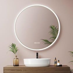 EMKE 3-in-1 ronde badkamerspiegel met led 60 cm, ronde led-spiegel met aanraakschakelaar en anti-condens-functie en geheugenfunctie, verstelbaar driekleurig licht (champagne)