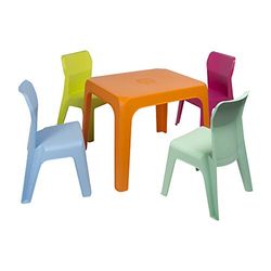 resol grupo Jan Set voor kinderen, 1 binnen, buiten, tuin, tafel oranje + 4 stoelen fuchsia/aquamint/limoen/blauw