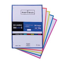 UNIPAPEL 53392399 Recambio 100 Hojas A4, 5 Bandas Colores Vivos, Cuadrícula 5x5, 90g, Papyrus - Unicolor 5