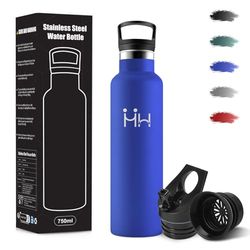 Botella Agua Acero Inoxidable, 750 ml Libre de BPA, Botella Termica, 18/8 Acero Inoxidable, Botellas de Agua, Con Pajita y 2 Tapas, Botellas Isotermica para Camping, Gimnasio, Oficina - Azul real
