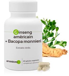 Ginseng américain + Bacopa monnieri * 423 mg / 60 g gélules* Mémoire, stress, facultés cognitives, concentration * Améliore le rendement cognitif