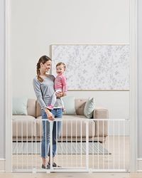 VEVOR Baby Gate, 60.6-63.3 Inches Adjustable Width, 30 Inches High Dog Gate, Easy Step Walk Thru, for Child Pet Security, Pressure Mount Kit, Wall Cups, One-Hand Open, for Stairs and Doorways, White