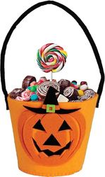FIESTAS GUIRCA | Orange Cat Felt Pumpkin Candy Bucket (12x10 cm) - Accessory for Trick or Treat and Halloween Decoration - Ideal for Bat-Cat Parties and Celebrations - Orange