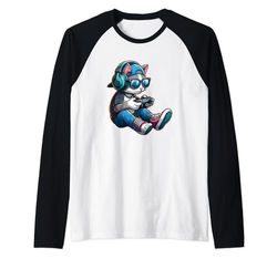 Divertente gatto gamer in occhiali da sole e cuffie carino gamer bambini Maglia con Maniche Raglan