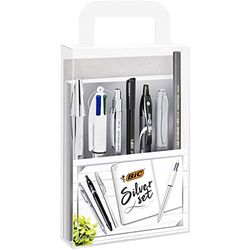 BIC Silver Set - 1 Carnet de Notes/3 Stylos-Bille/1 Stylo Gel/1 Crayon Graphite HB/1 Feutre/1 Porte-Mines