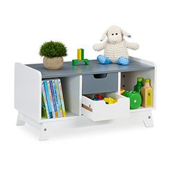 Relaxdays Étagère pour Enfant pour Livres et Jouets, avec 4 tiroirs, bébé, Unisexe, HxLxP : 30x60x30 cm, Blanc/Gris