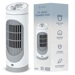 CUQOO Tower Fan, Energy-Efficient Quiet Oscillating Fan with 3 Speeds With Timer, Powerful Motor, Bladeless, Lightweight, Child-Friendly for Bedroom, Office, Kitchen, Living Room - White/Silver