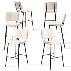 MEUBLE COSY Set van 6 barkrukken, hoge kruk met rugleuning en voetensteun, gevoerde keukenstoel met bouclé-stof, voor toonbank, eetkamer en huis, beige