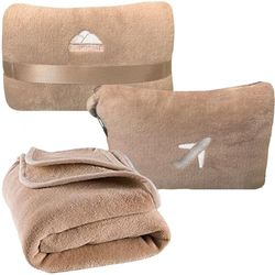 BlueHills Travel Blanket Pillow in Mini Soft Case Premium Plush Airplane Blanket in Soft Bag Compact Pack with Luggage Belt and Backpack Clip - Beige M06, M