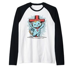 Gatito Ángel Santo Gato Fe Dios Religión Celestial Ronroneo Camiseta Manga Raglan