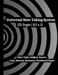 Universal Note Taking System Notebook, 8.5 x 11 in, 125 numbered pages, Perfect for lectures, students, teachers