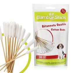 BambooStick® - Zestaw 30 bawełnianych wacików S/M - do czyszczenia uszu małych psów i kotów - łatwe w użyciu - wyprodukowane przez francuskiego lekarza weterynarii (1)