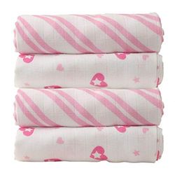 Cuski Super Soft Bamboo Muslins x 4 (Jolie Hearts), Pink, 60 x 60 cm