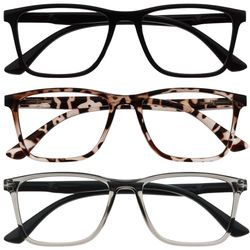 OPULIZE NYX Blue Light Blocking Reading Glasses - Anti-Glare Computer and Gaming Eyewear - 3 Pack - UV and Eyestrain Protection - Rectangular Frame - Black Brown Grey - Men Women - + 2.50